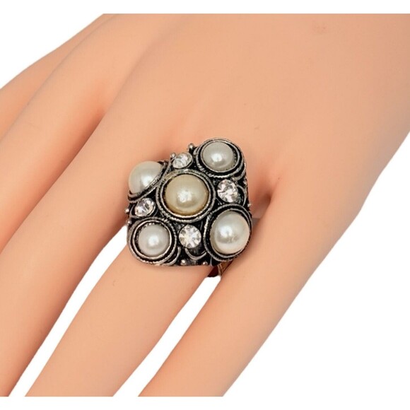 Vintage White Pearl Rhinestone Cocktail Ring Sz 6.5 Antiqued Finish Adjustable - Picture 1 of 16